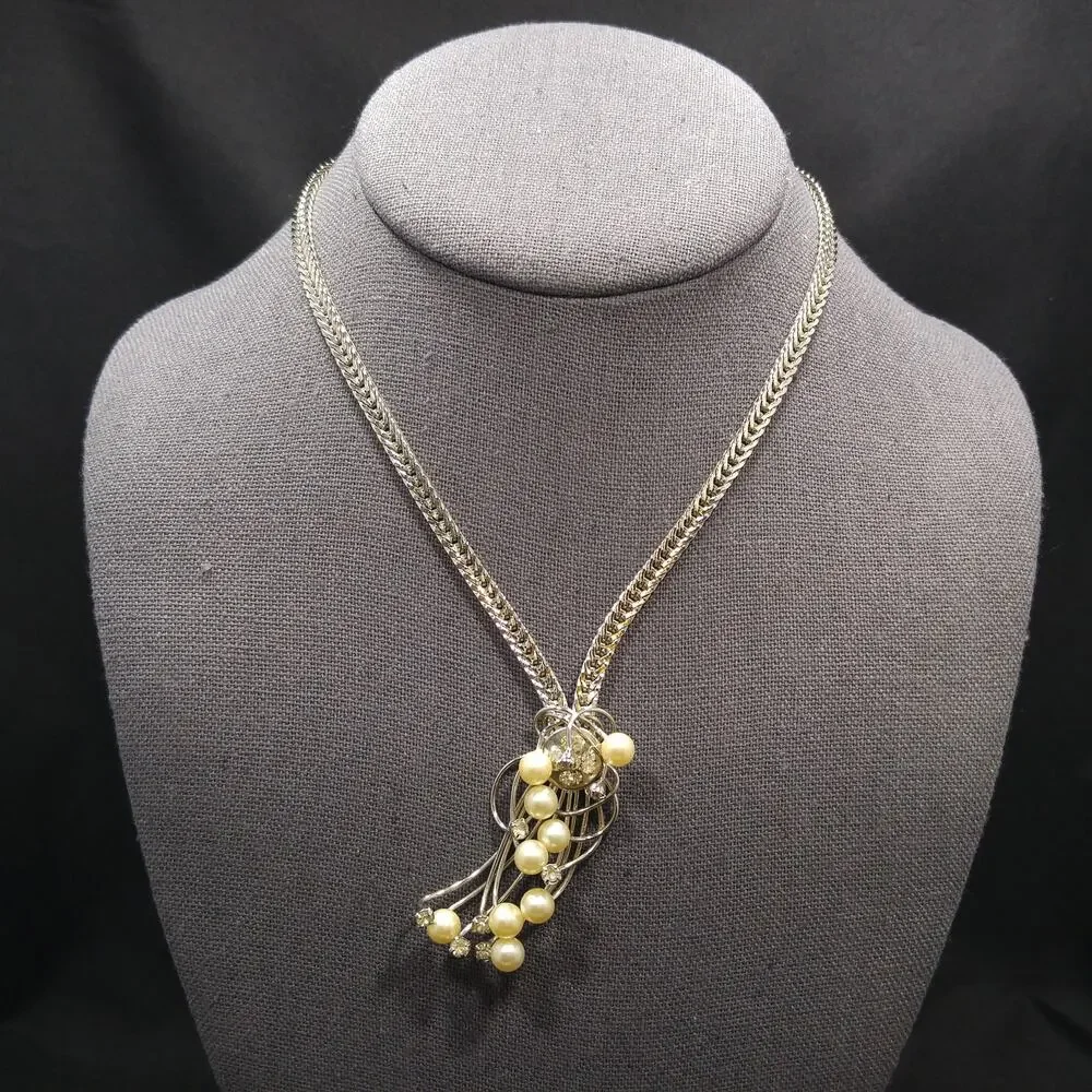 Vintage Hobé Pearl Rhinestone Modernist Necklace 16 Inch